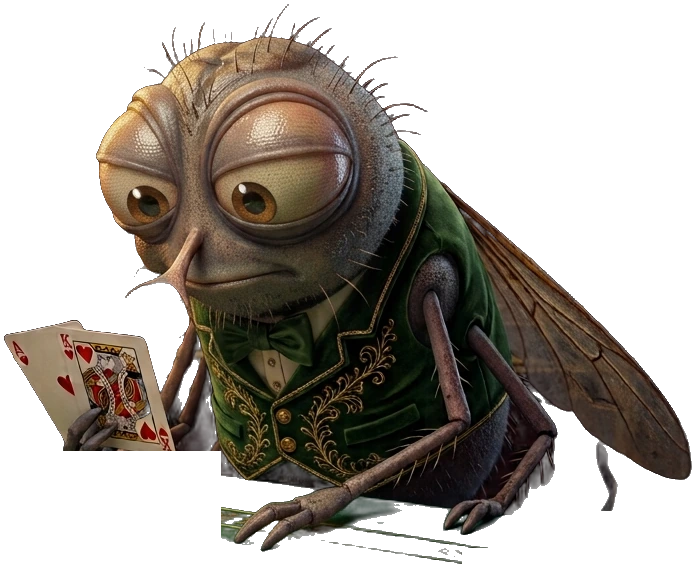a house fly in a green velvet dinner jacket holding the ace and king of hearts, refusing to blink